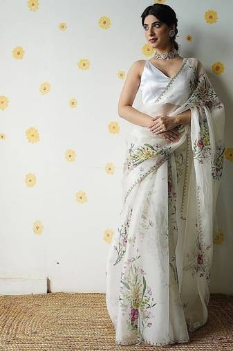 white soft tabby silk blend printed with beads work saree with unstitched blouse