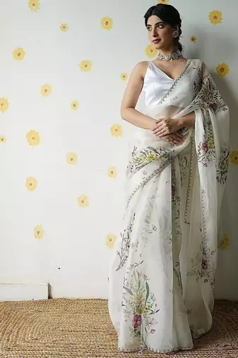 white soft tabby silk blend printed with beads work saree with unstitched blouse