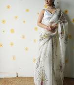 white soft tabby silk blend printed with beads work saree with unstitched blouse