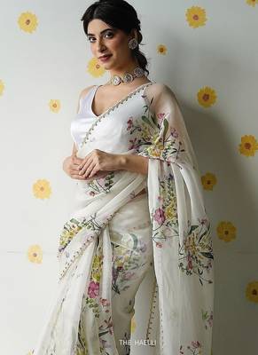 white soft tabby silk blend printed with beads work saree with unstitched blouse 2