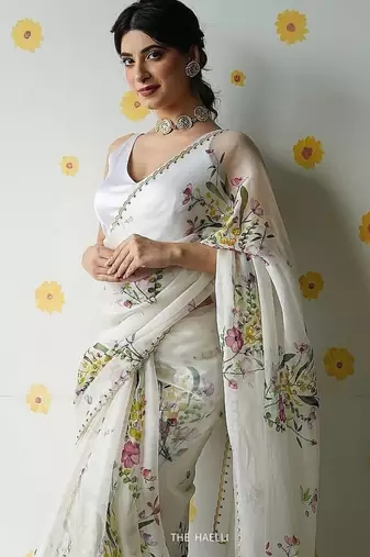 white soft tabby silk blend printed with beads work saree with unstitched blouse