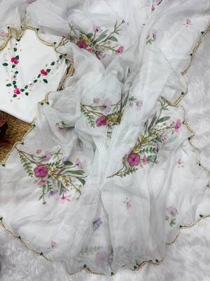 white soft tabby silk blend printed with beads work saree with unstitched blouse 4