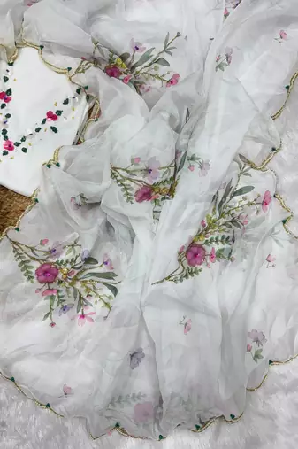 white soft tabby silk blend printed with beads work saree with unstitched blouse