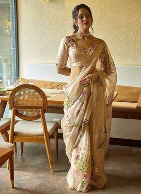 beige soft tabby silk blend printed with beads work saree with unstitched blouse 1