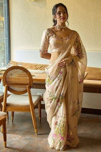 beige soft tabby silk blend printed with beads work saree with unstitched blouse