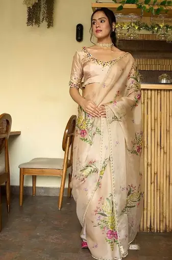 beige soft tabby silk blend printed with beads work saree with unstitched blouse