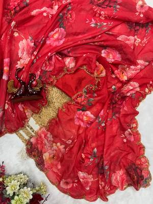 red soft tabby silk blend printed with pearl handwork saree with unstitched blouse 1