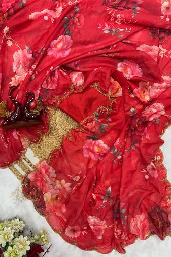 red soft tabby silk blend printed with pearl handwork saree with unstitched blouse