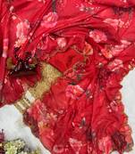 red soft tabby silk blend printed with pearl handwork saree with unstitched blouse