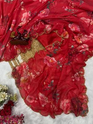 red soft tabby silk blend printed with pearl handwork saree with unstitched blouse 2
