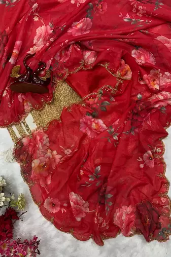 red soft tabby silk blend printed with pearl handwork saree with unstitched blouse