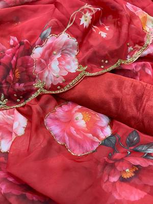 red soft tabby silk blend printed with pearl handwork saree with unstitched blouse 3