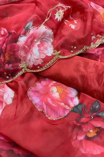 red soft tabby silk blend printed with pearl handwork saree with unstitched blouse