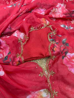 red soft tabby silk blend printed with pearl handwork saree with unstitched blouse 4