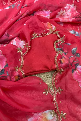 red soft tabby silk blend printed with pearl handwork saree with unstitched blouse