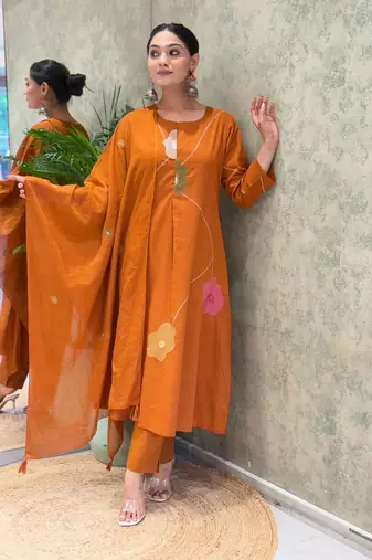 Aaysa women pure cotton embroidered orange kurta with pant and dupatta