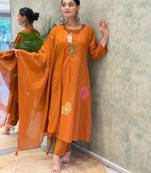 women pure cotton embroidered orange kurta with pant and dupatta