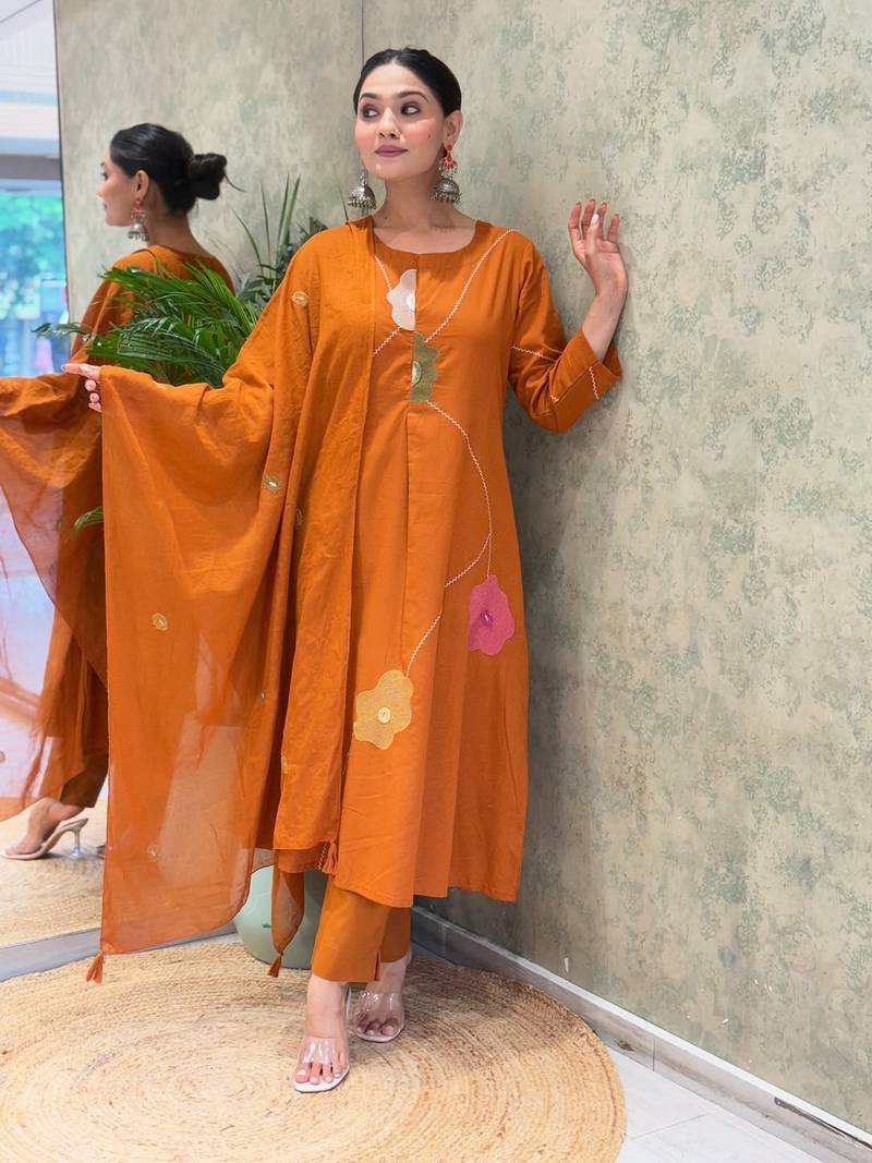 Aaysa women pure cotton embroidered orange kurta with pant and dupatta