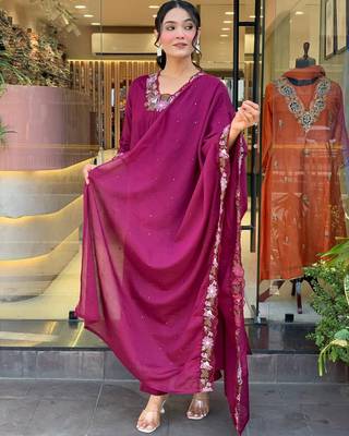 Wine Women  Cotton Embroidered Kurta With Pant And Dupatta 1