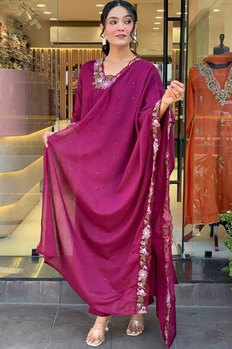 Aaysa women pure cotton embroidered wine kurta with pant and dupatta
