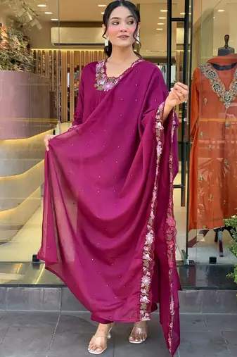 Aaysa women pure cotton embroidered wine kurta with pant and dupatta