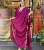 Wine Women Pure Cotton Embroidered Kurta With Pant And Dupatta