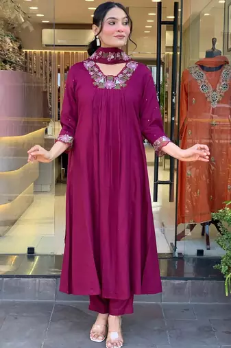 Wine Women Pure Cotton Embroidered Kurta With Pant And Dupatta