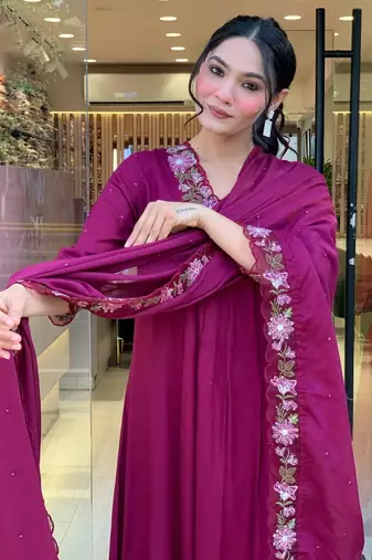 Wine Women Pure Cotton Embroidered Kurta With Pant And Dupatta