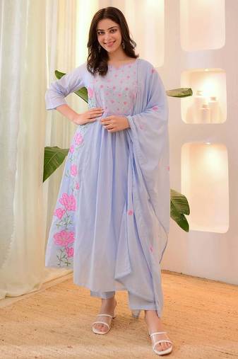 Aaysa women pure cotton embroidered blue kurta with pant and dupatta