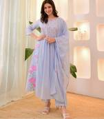 Blue Women Pure Cotton Embroidered Kurta With Pant And Dupatta
