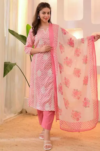 Aaysa women pure cotton embroidered pink kurta with pant and dupatta