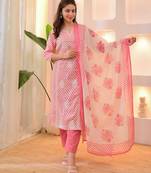 Pink Women Pure Cotton Embroidered Kurta With Pant And Dupatta