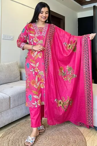 Aaysa women pure cotton embroidered pink kurta with pant and dupatta