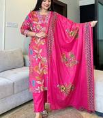 Pink Women Pure Cotton Embroidered Kurta With Pant And Dupatta