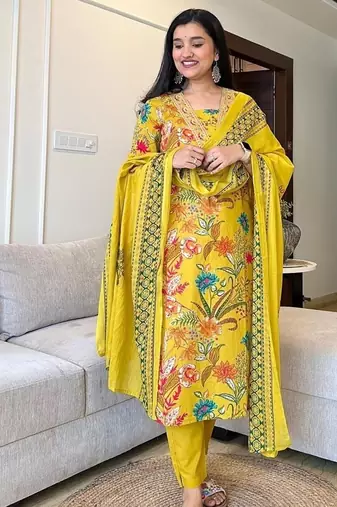 Aaysa women pure cotton embroidered yellow kurta with pant and dupatta