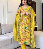 Yellow Women Pure Cotton Embroidered Kurta With Pant And Dupatta