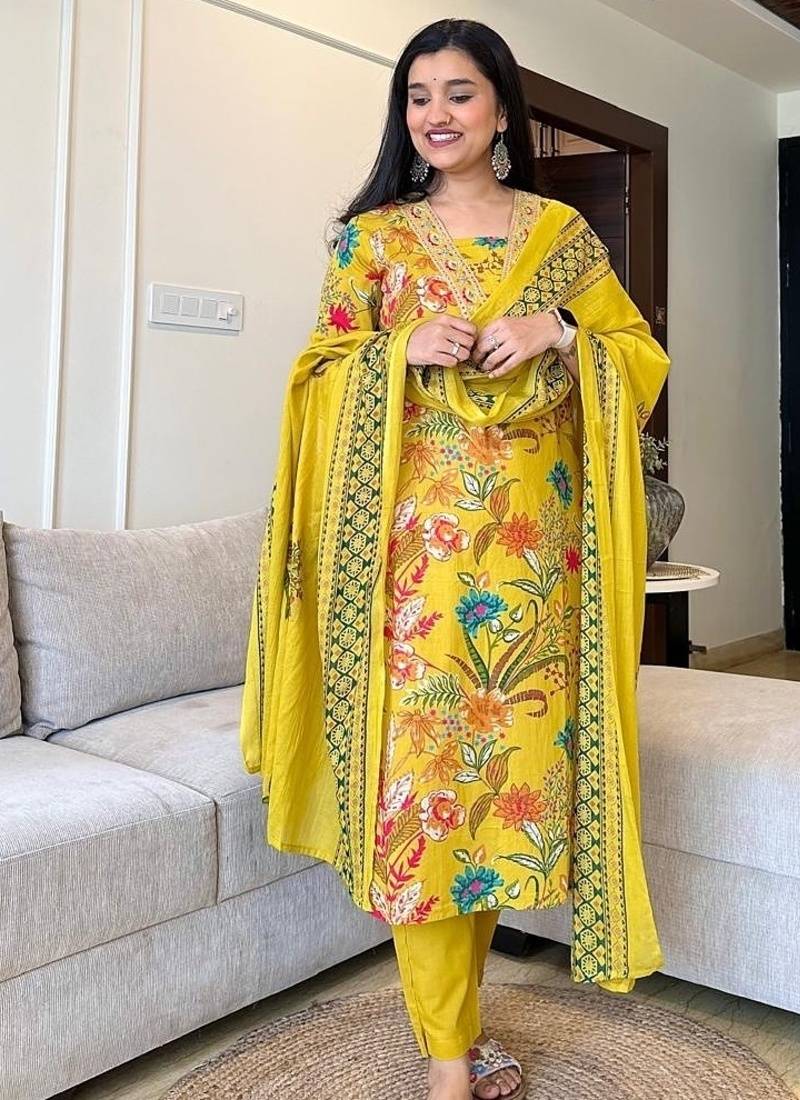 Aaysa women pure cotton embroidered yellow kurta with pant and dupatta