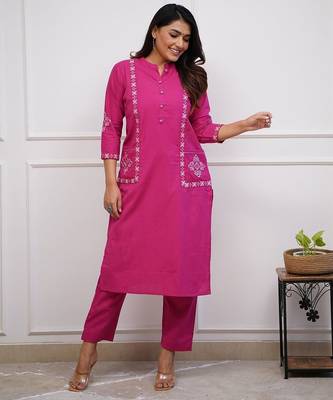 Pink Women  Cotton Embroidered Kurta With Pant 1