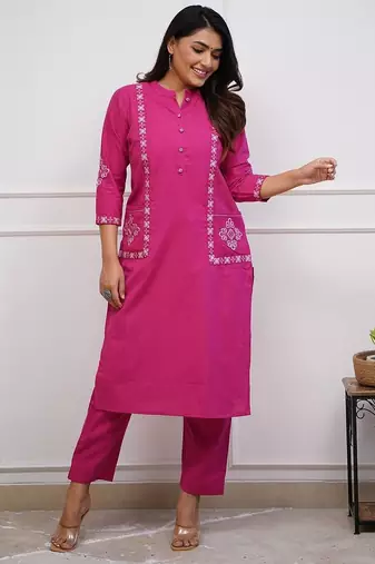 Aaysa women pure cotton embroidered pink kurta with pant
