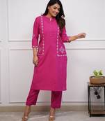 Pink Women Pure Cotton Embroidered Kurta With Pant
