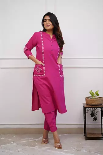Pink Women  Cotton Embroidered Kurta With Pant