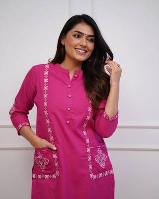 Pink Women  Cotton Embroidered Kurta With Pant 3