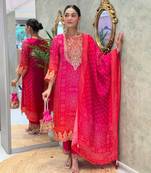 Pink Women Pure Cotton Embroidered Kurta With Pant And Dupatta