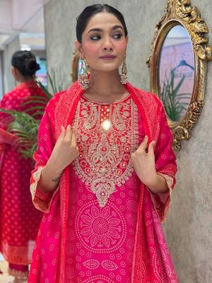 Pink Women Silk  Embroidered Kurta With Pant And Dupatta 3