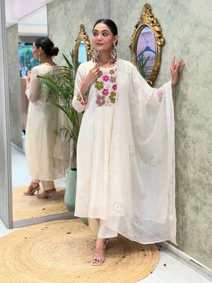 White Women Pure Cotton Embroidered Kurta With Pant And Dupatta 1