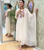 White Women Pure Cotton Embroidered Kurta With Pant And Dupatta