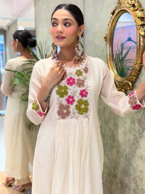 White Women Pure Cotton Embroidered Kurta With Pant And Dupatta 3