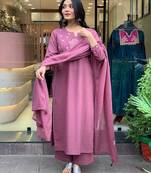 Lilac Women Pure Cotton Embroidered Kurta With Pant And Dupatta