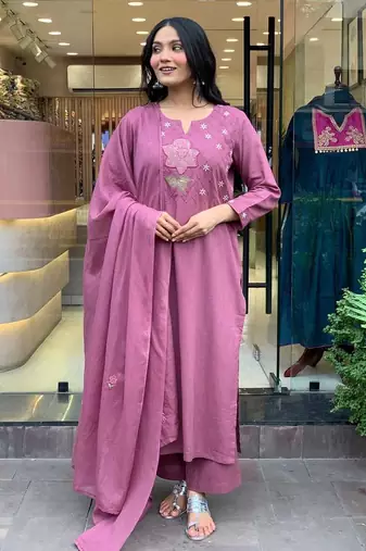 Lilac Women  Cotton Embroidered Kurta With Pant And Dupatta