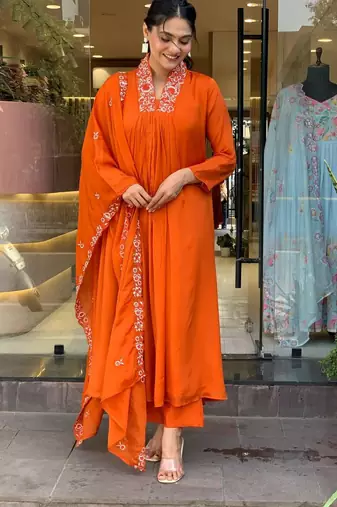 Aaysa women pure cotton embroidered orange kurta with pant and dupatta